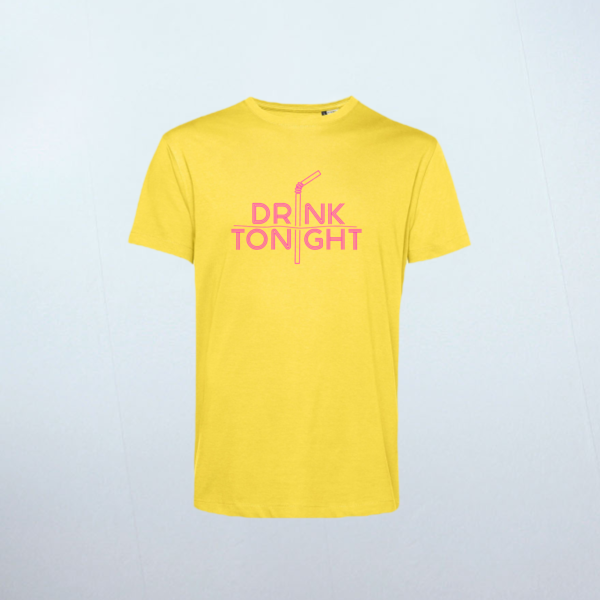 Pink Drink Tonight text on yellow shirt